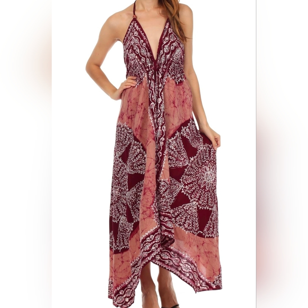 Elegant Burgundy and Pink Scarf Halter One-Size Adjustable Maxi Dress